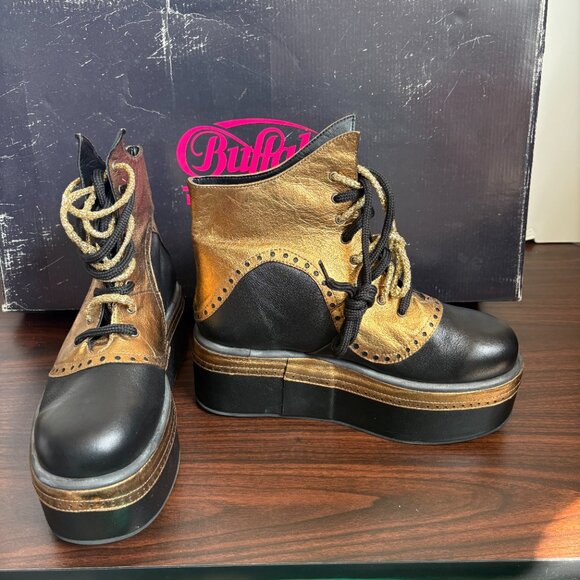 Buffalo London Vintage Metallic Copper and Black Leather Platform Boots Size 40 - Picture 5 of 11